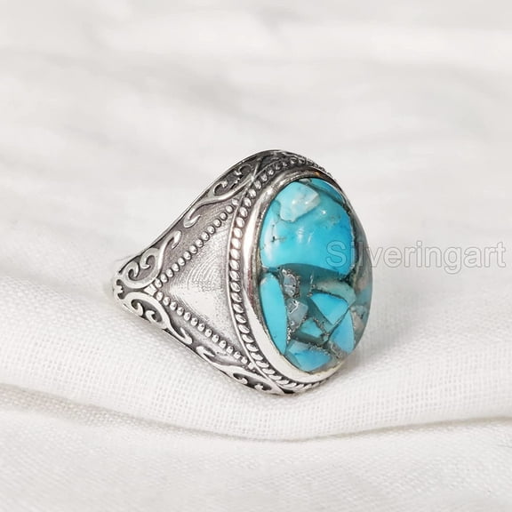 Blue Copper Turquoise Mans Ring, Natural Copper Turquoise Ring, Silver Jewelry, 925 Silver Ring, Birthday Gift, Heavy Mens Ring, Arabic Design, Ottoman Style Ring, Christmas, Turkey Mens Signet Ring