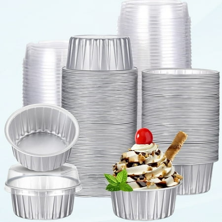 Aluminum Foil Baking Cup 150 Pcs Disposable Ramekins with Lids 5oz Mini Cupcake Liners Flan Mold Mini Cake Pans with Lids Disposable Cake Tin for Pudding Desert Creme Brulee (Silver)