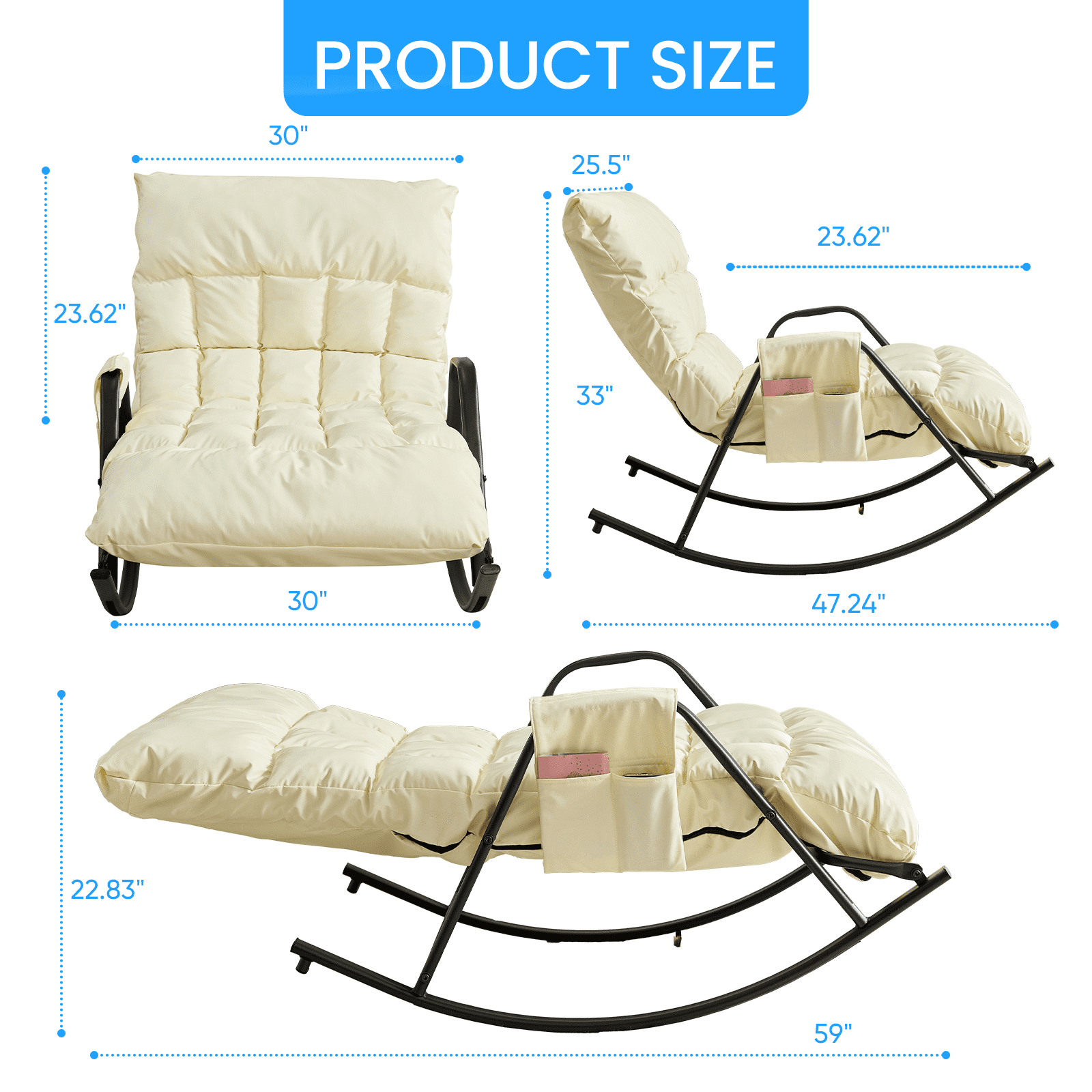 BALUS Rocking Chair, Leather Nursery Recliner with Adjustable Backrest & Footrest, Side Pockets, Modern Living Room Seating Space-Saving Design, Beige