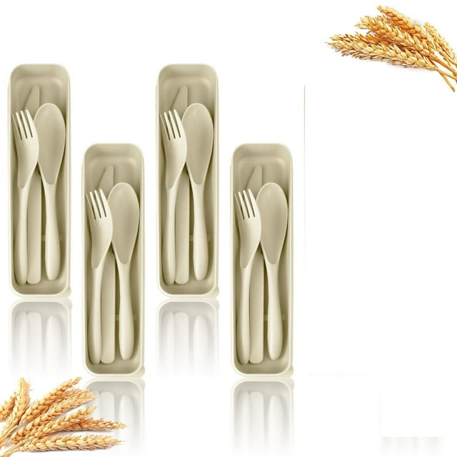Travel Utensils with Case, Wheat Straw Camping Utensil Set, 4 Sets Wheat Straw Portable Plastic Fork Spoons Knife Camping Cutlery, Reusable Lunch Utensils Set for Work
