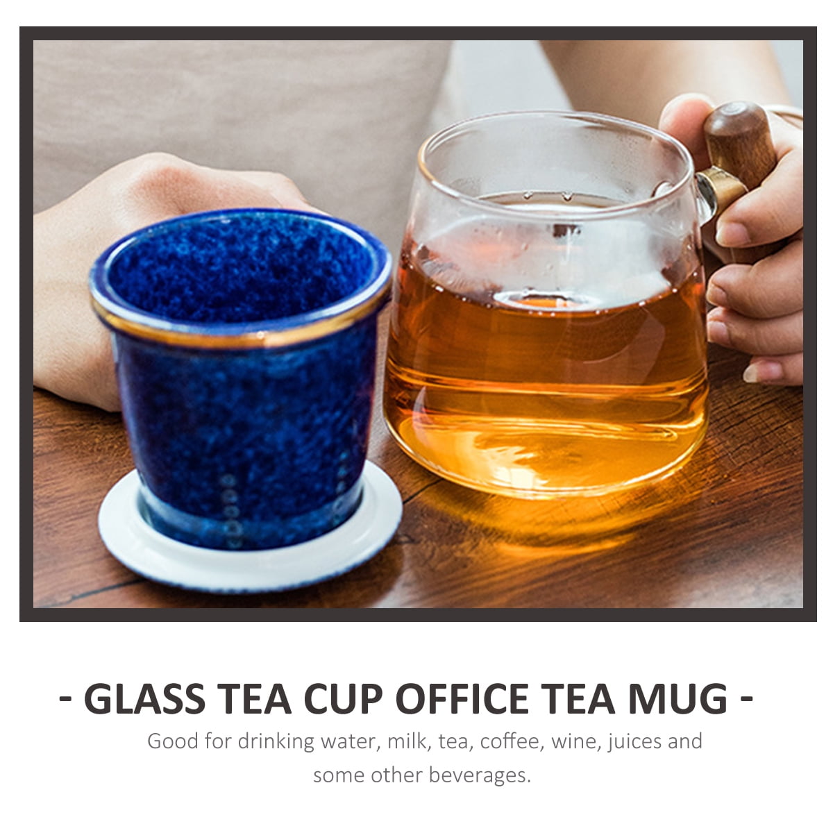 Blue Tea Infuser Cup with Lid and Wooden Handle