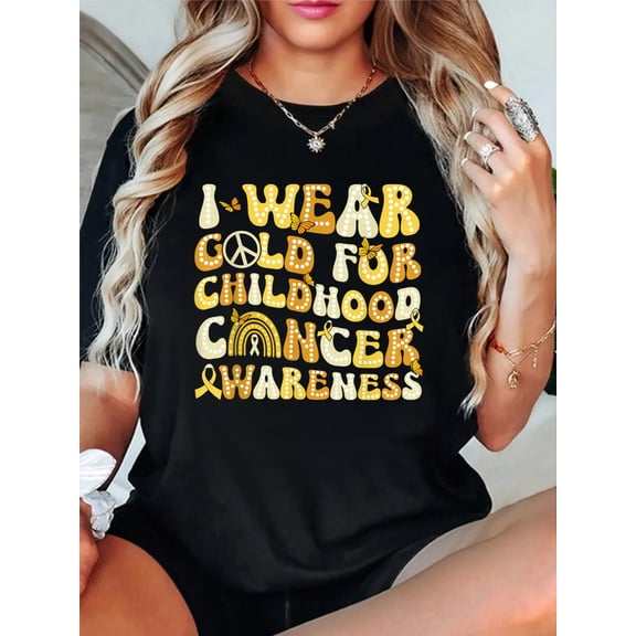 I Wear Gold For Childhood Cancer Awareness Groovy T-Shirt casual short sleeve crew neck cotton tee tops for women