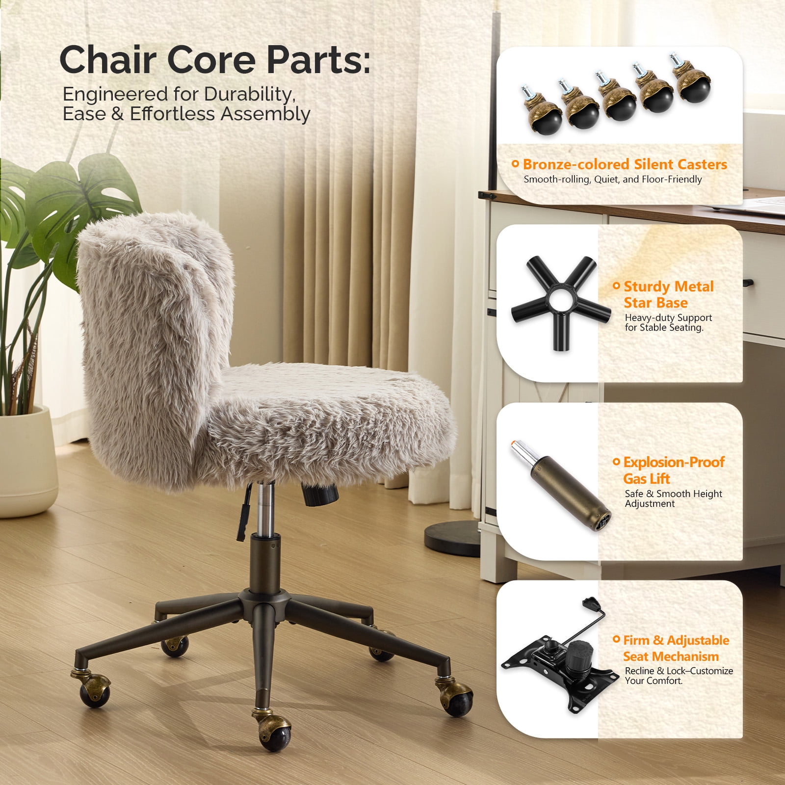 Ktaxon Vanity Chair, Adjustable Desk Chair with Metal Base and Swiveel Casters, Long Pile Fabric Makeup Chair for Women, Ideal for Office,Study and Home Gray