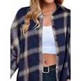 thumbnail image 2 of Women'S Button Down Flannel Shirts Plaid Shacket Long Sleeve Collared Long Jacket Coats Gray Blue Checkered L, 2 of 5