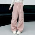 thumbnail image 2 of Big Girl Cargo Pants Cozy Loose Cotton Sweatpants with Multi Pockets Solid Color Baggy Wide Leg Trousers 5-16Y, Pink 15 Years, 2 of 5