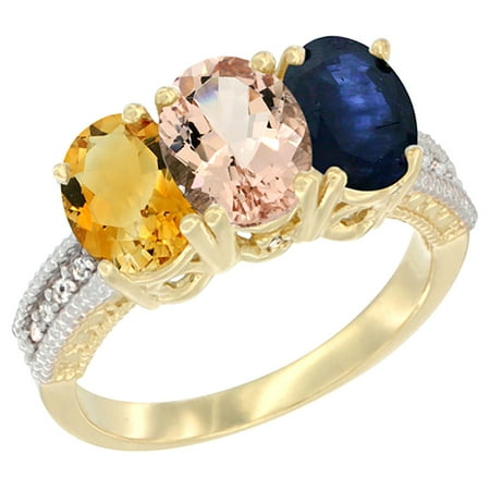 10K Yellow Gold Diamond Natural Citrine, Morganite & Blue Sapphire Ring 3-Stone 7x5 mm Oval, sizes 5 - (Best Yellow Sapphire In The World)