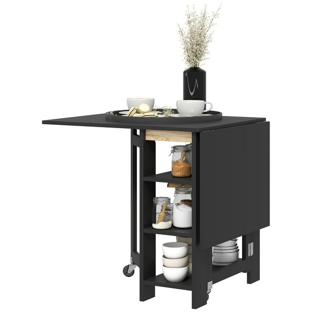 HOMCOM Folding Dining Table with Storage, Drop Leaf Kitchen Table for Small Spaces, Black