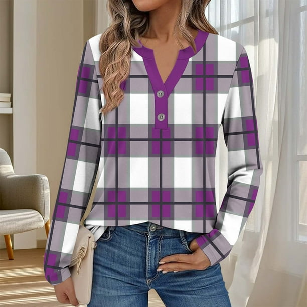 Ailaofu Womens Long Sleeve Tops Fall Button V Neck Graphic Shirts Dressy Casual Henley Tops Women Blouses