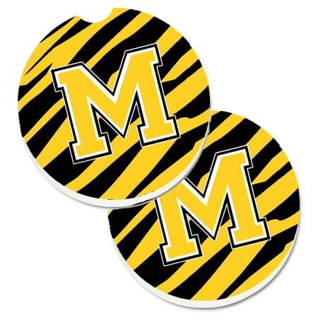

Carolines Treasures CJ1026-MCARC Monogram Initial M Tiger Stripe - Black Gold Set of 2 Cup Holder Car Coasters Large