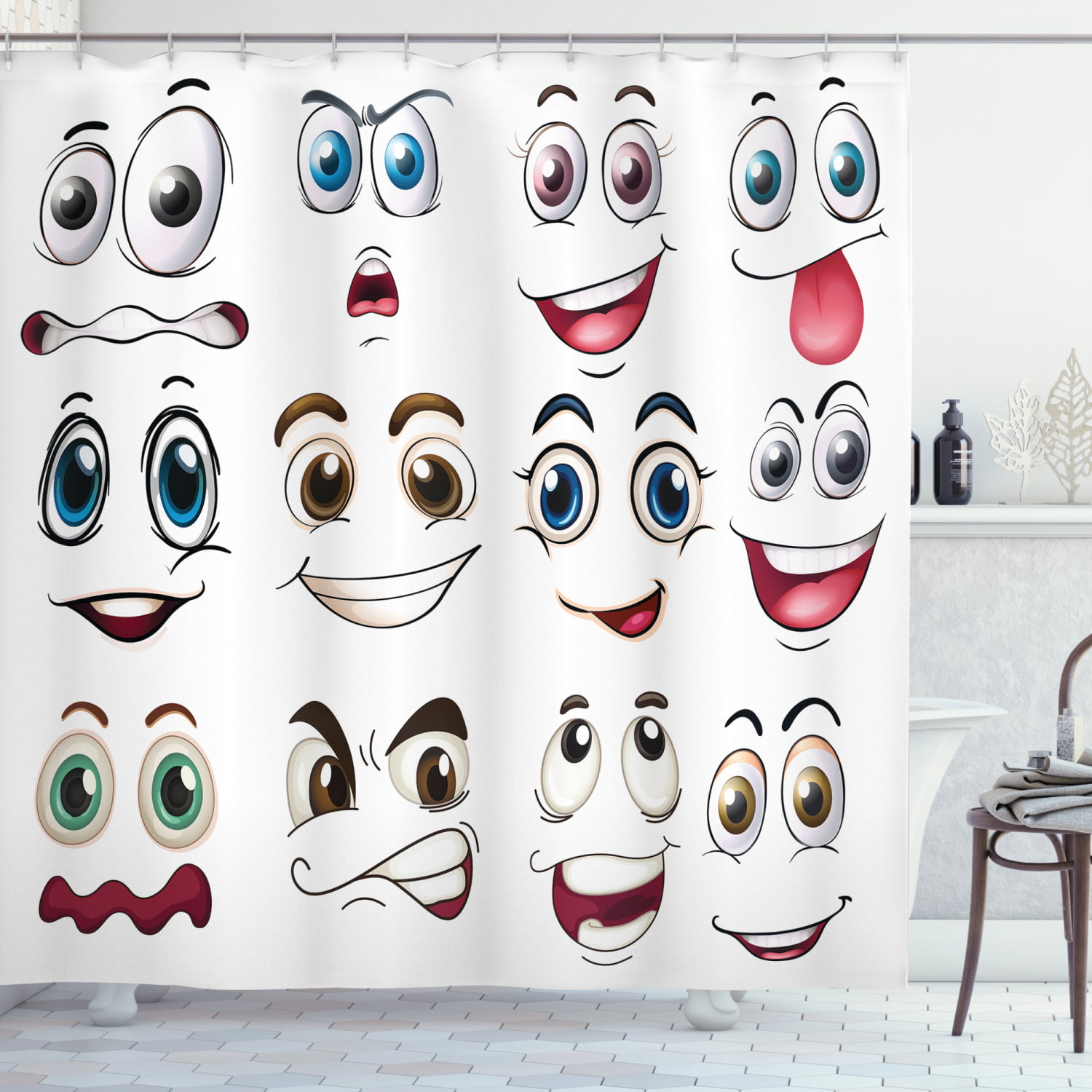 Cartoon Decor Shower Curtain Smiley Face Emoji Cartoon Hand Drawing Image With Positive Face