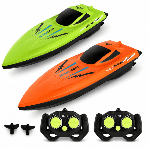 Remote Control Boat 2-Pack, 2.4G Dual Motor Speedboats for Pools and Lakes, Waterproof Outdoor Water Toy for Kids Age 6 , Orange & Green
