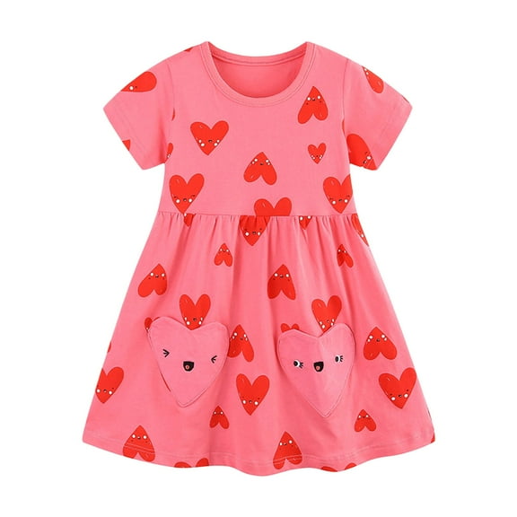 Hiijoy Toddler Girls Cotton Casual Dress Hearts Print Short Sleeve Dress, Sizes 1-8