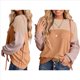 thumbnail image 3 of Camisetas Holgadas Informales de Punto con Cuello Redondo y Larga con Bloques de Color A para Mujer Caqui L, 3 of 6