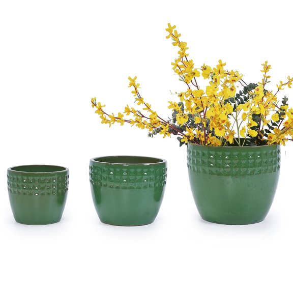 S-HOME Set of 3 Antique Green Ceramic Planters, 15" 12" 9" Modern Flower Pots for Indoor/Outdoor