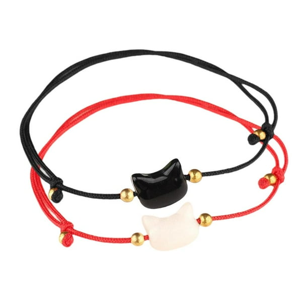 Wartleves Pulsera de gato con piedra lunar, pulsera de piedra lunar con cabeza de gato natural, pulsera de obsidiana negra natural, pulseras de cuerda con cuentas de gato, pulsera trenzada ajustable h