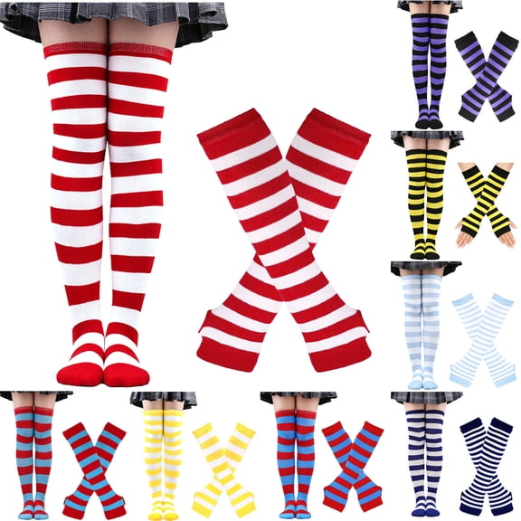 Lovzfmll Women's Long Fingerless Gloves, Striped Knit Arm Warmers with Socks Set, Elbow Length Winter Warmth Combo for Fashion and Practical Use, Red