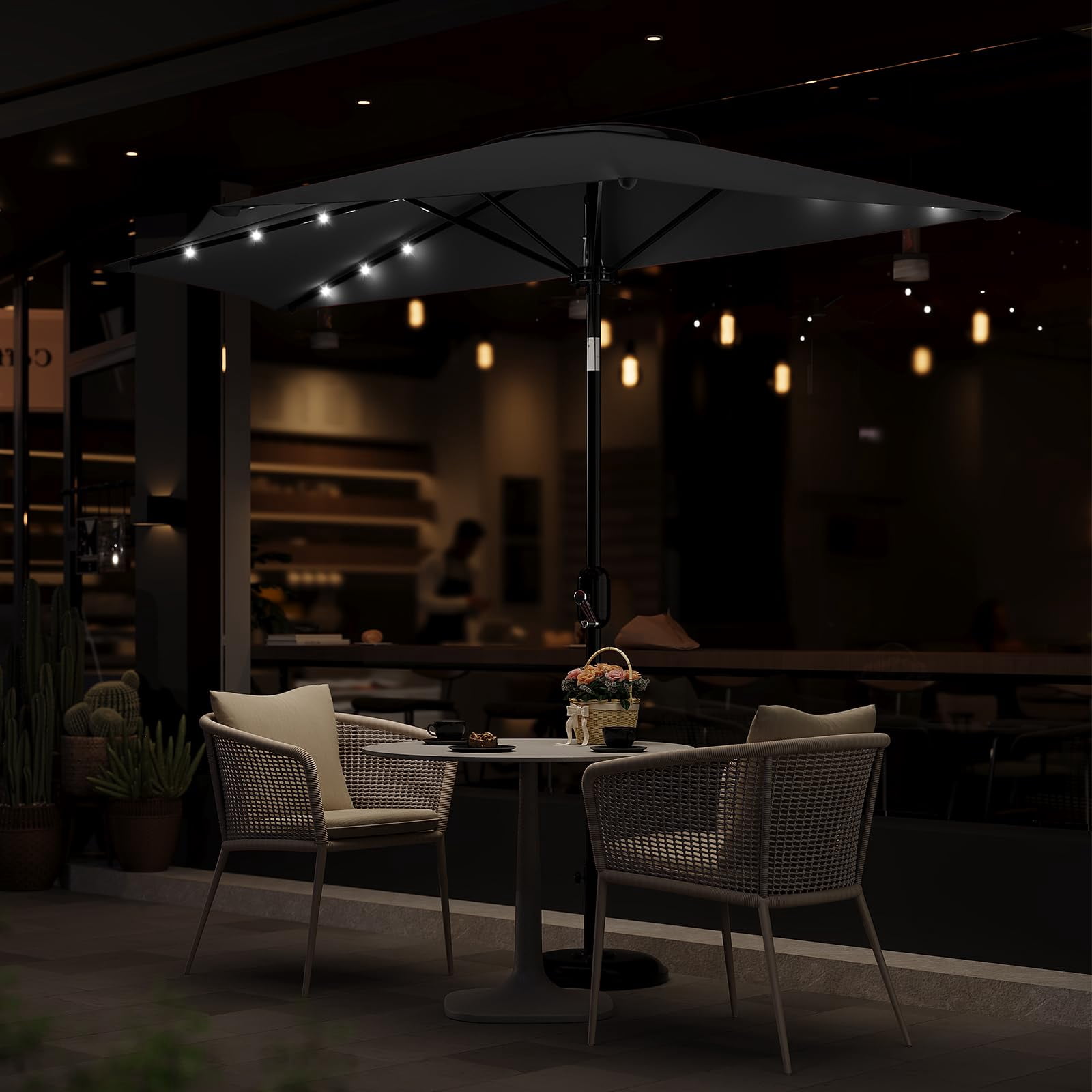 Senfot 9FT Half Patio Umbrella with Solar LED Lights, Smooth Crank Lift Outdoor Shade Canopy, UV Resistant for Patio Backyard Deck, Gray