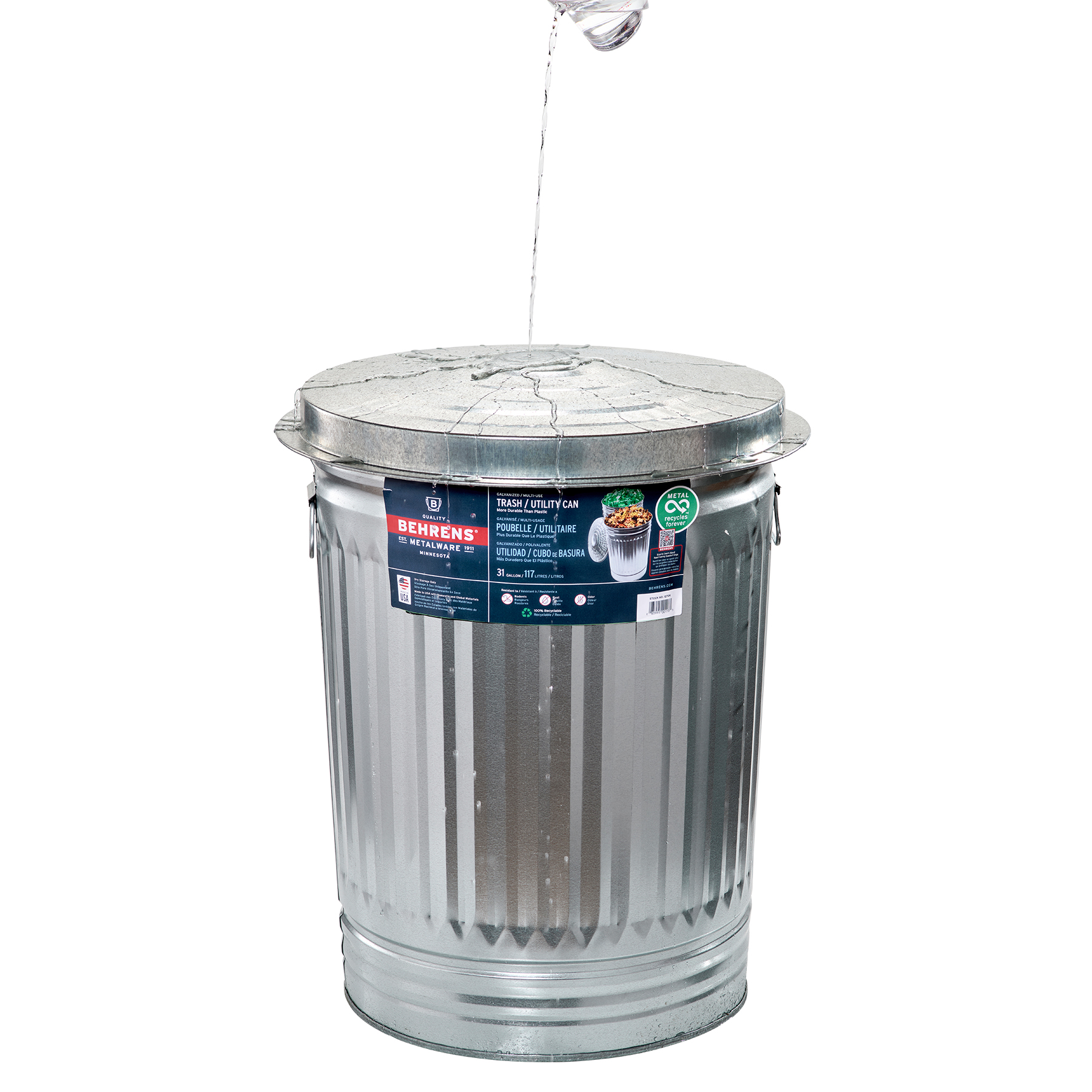 Behrens 31-Gallon Steel Trash Can – Classic Silver, Indoor/Outdoor Garbage Can
