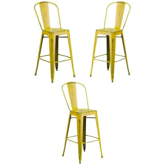 Home Square 30" Metal Curved Slat Back Bar Stool in Distressed Yellow - Set of 3