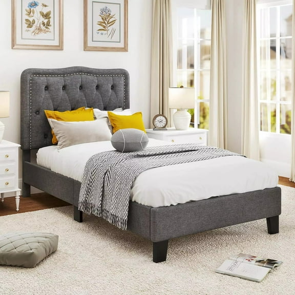 Harmijoy Twin Size Bed Frame, Modern Linen Upholstered Platform Bed w/ 46" Tall Button Tufted Headboard, Wooden Slats Support, Under-bed Storage Space