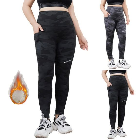 CFLVAEK Fleece Lined Leggings Women Plus Size Warm Winter Camo Yoga Pants Stretch High Waisted Workout Legging with Pockets Gray XXL