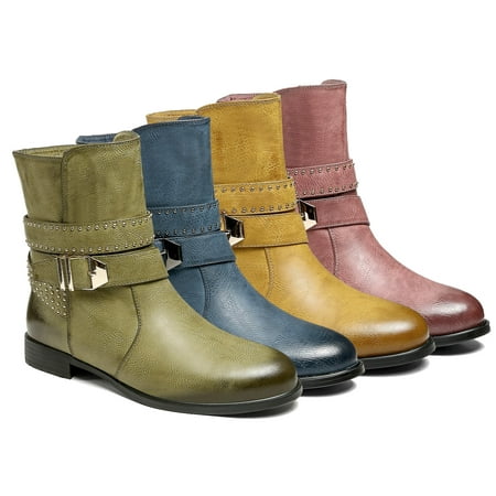 

Ferwind Women s Ankle Booties Faux Leather Low Heel Studded Buckle Straps Burgundy 7