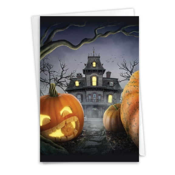 NobleWorks Halloween Paper Card with 5 x 7 Inch Envelope (1 Card) Spooky Pumpkins - Haunted House C4962IHWG