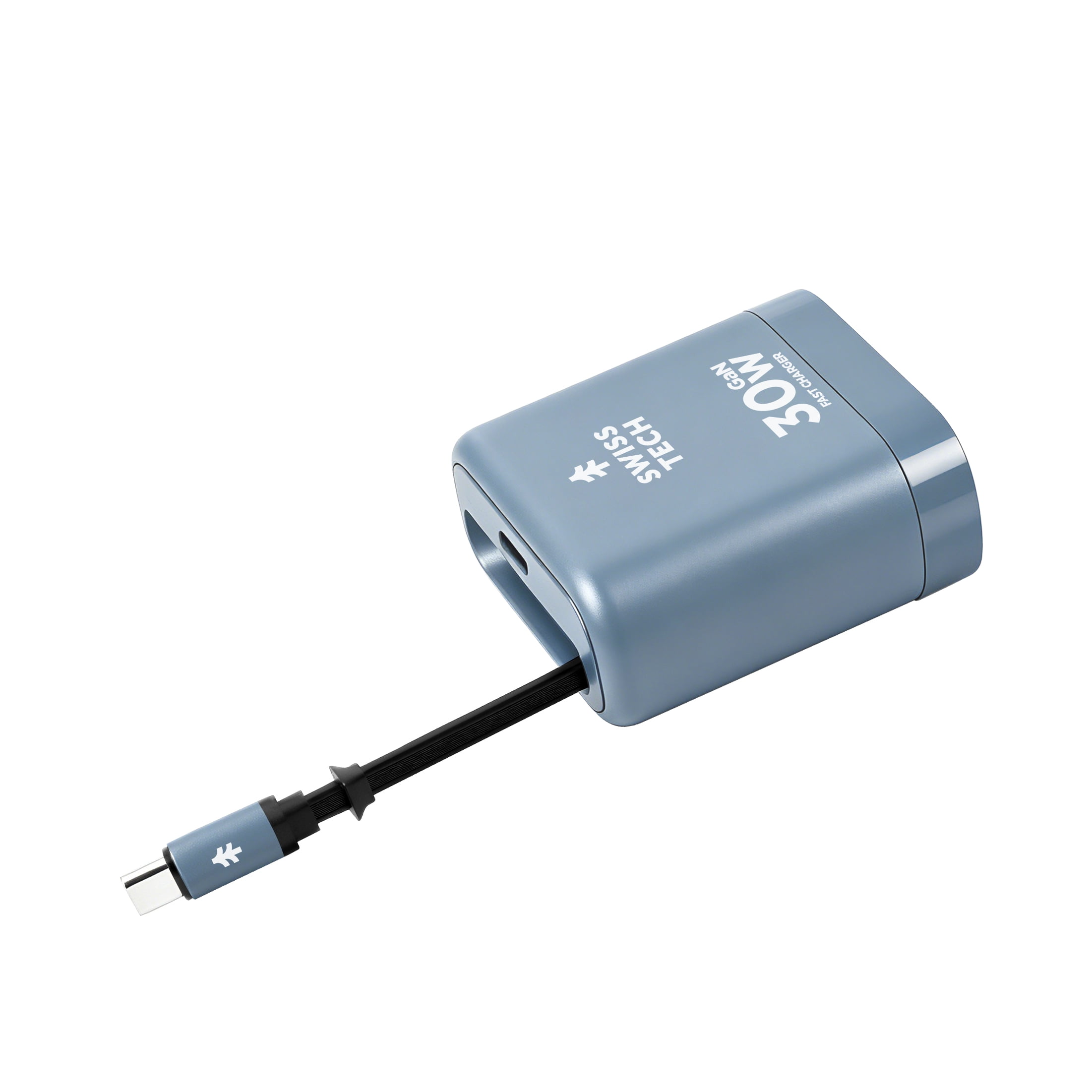 Swiss Tech Mussen 30W USB-C Wall Charger with Retractable Cable, Fast PD Charging, Cresta Blue