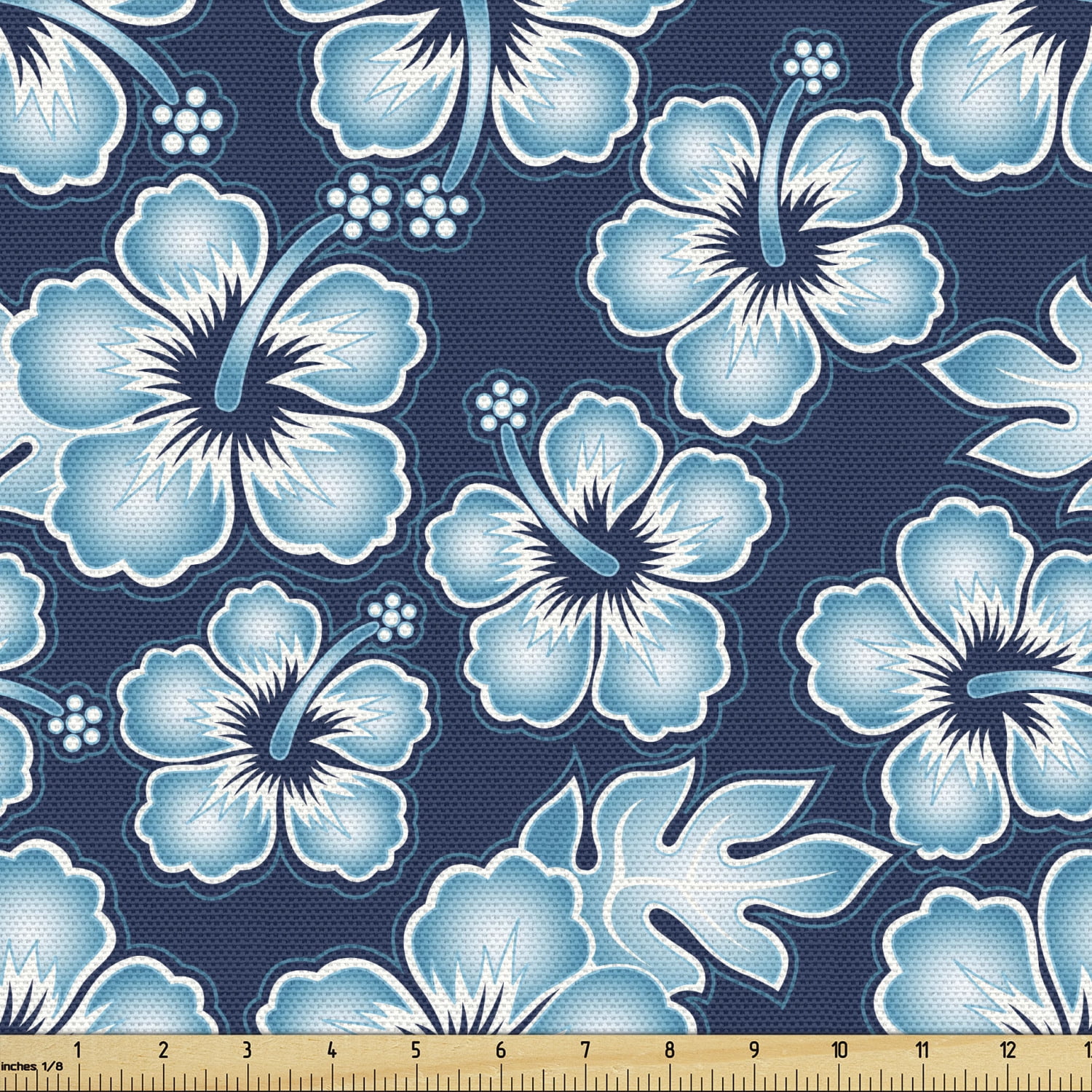 Navy Sky Blue on Red Drapery Upholstery Fabric Leaves & Flowers Ivory 