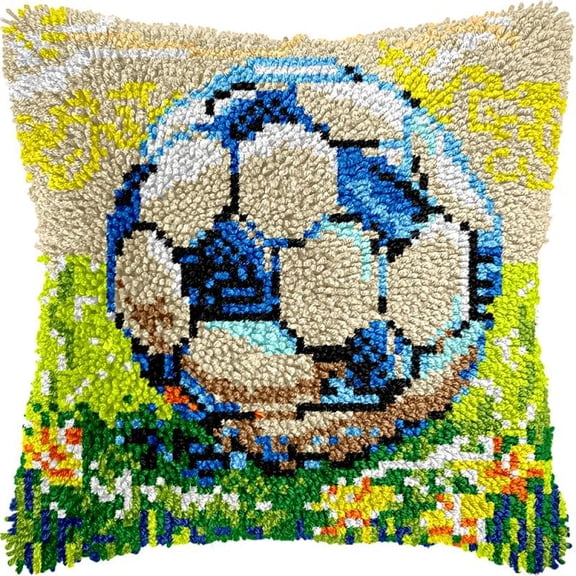 Soccer Ball Latch Hook Kits Pillow DIY Rug Crochet Hook Cushion Making Kits Printed Pattern Canvas Pillowcase Hooking Kits Pillow Cover Crochet Kits 43x43cm(fs102)