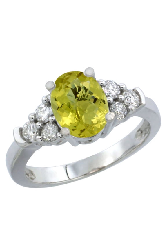 14K White Gold Natural Lemon Quartz Ring Oval 9x7mm Diamond Accent, size 8