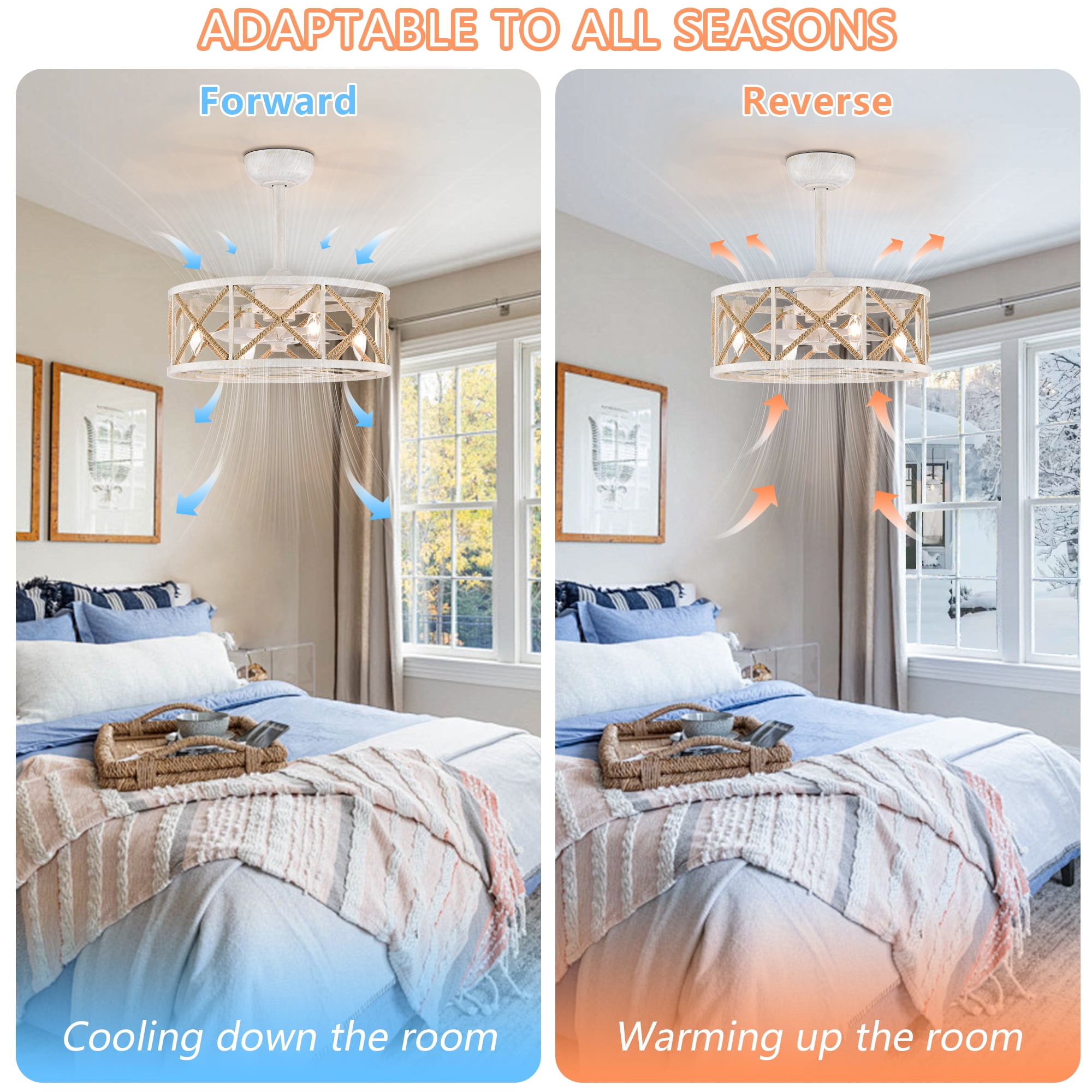 Maxax 18.9" Farmhouse Ceiling Fan with Lights, Vintage White 7-Blade Fan, 6-Speed Remote, Reversible Motor, 4 E12 Sockets, Bedroom Dining Room Living Room