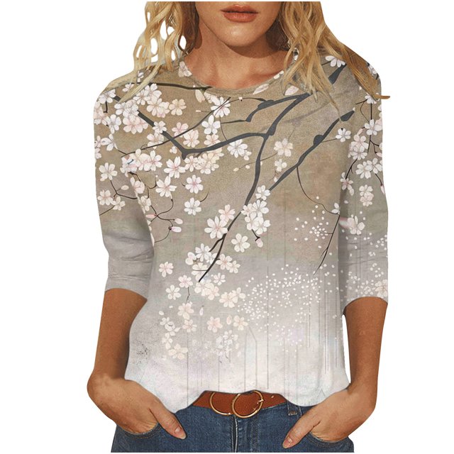 Wanfds Hauts Décontractés Multicolores pour Femmes Col Rond Tendance Manches Trois-Quarts S