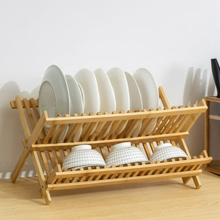 NOVAYEAH Bamboo Dish Drying Rack-2 Tier, Collapsible Small Dish Rack with  Utensil Holder, Wooden Drying Rack for Kitchen Counter, Apartment  Essentials