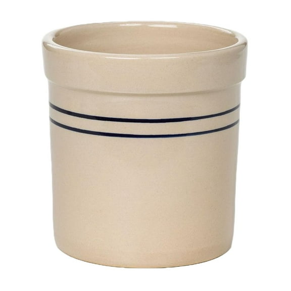 Martinez Pottery Pickling Fermenting Crock - Tan with Blue Stripe Stoneware Jar, 1/2 Gallon Capacity