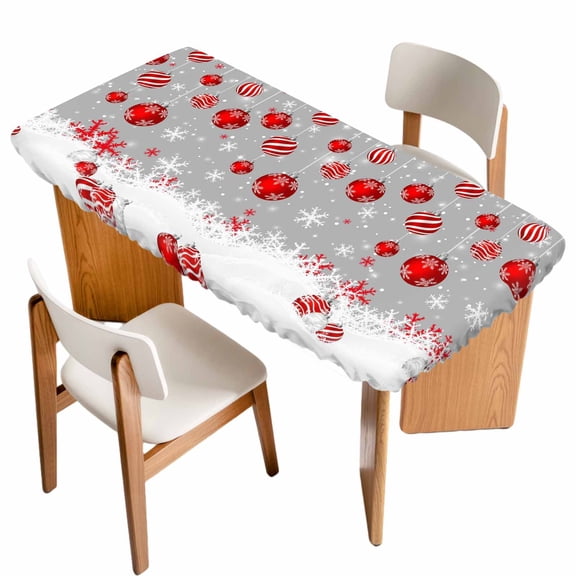 Grey Red Christmas Balls Table Cloths for 4 Foot Rectangle Tables, Xmas Snowflake Patio Waterproof Elastic Fitted Tablecloths, Washable Rectangular Table Cover for Camping