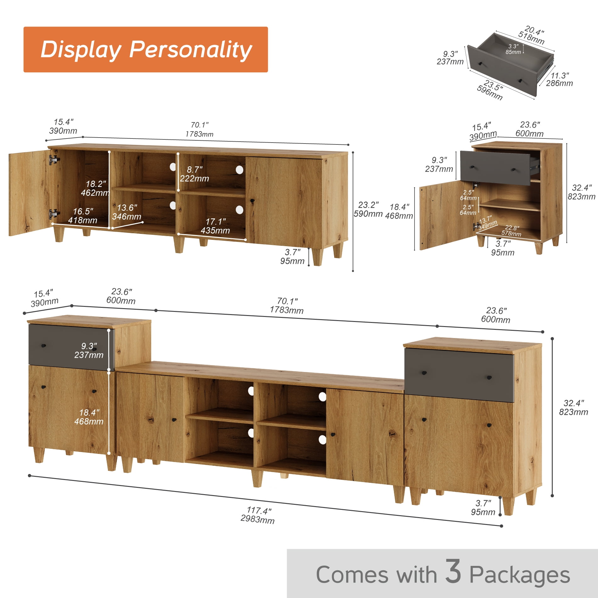 WAMPAT 3-in-1 TV Stand with Cabinets and Drawers, Modern Wood Entertainment Center Media Console for 75+ inch TVs, Oak Brown