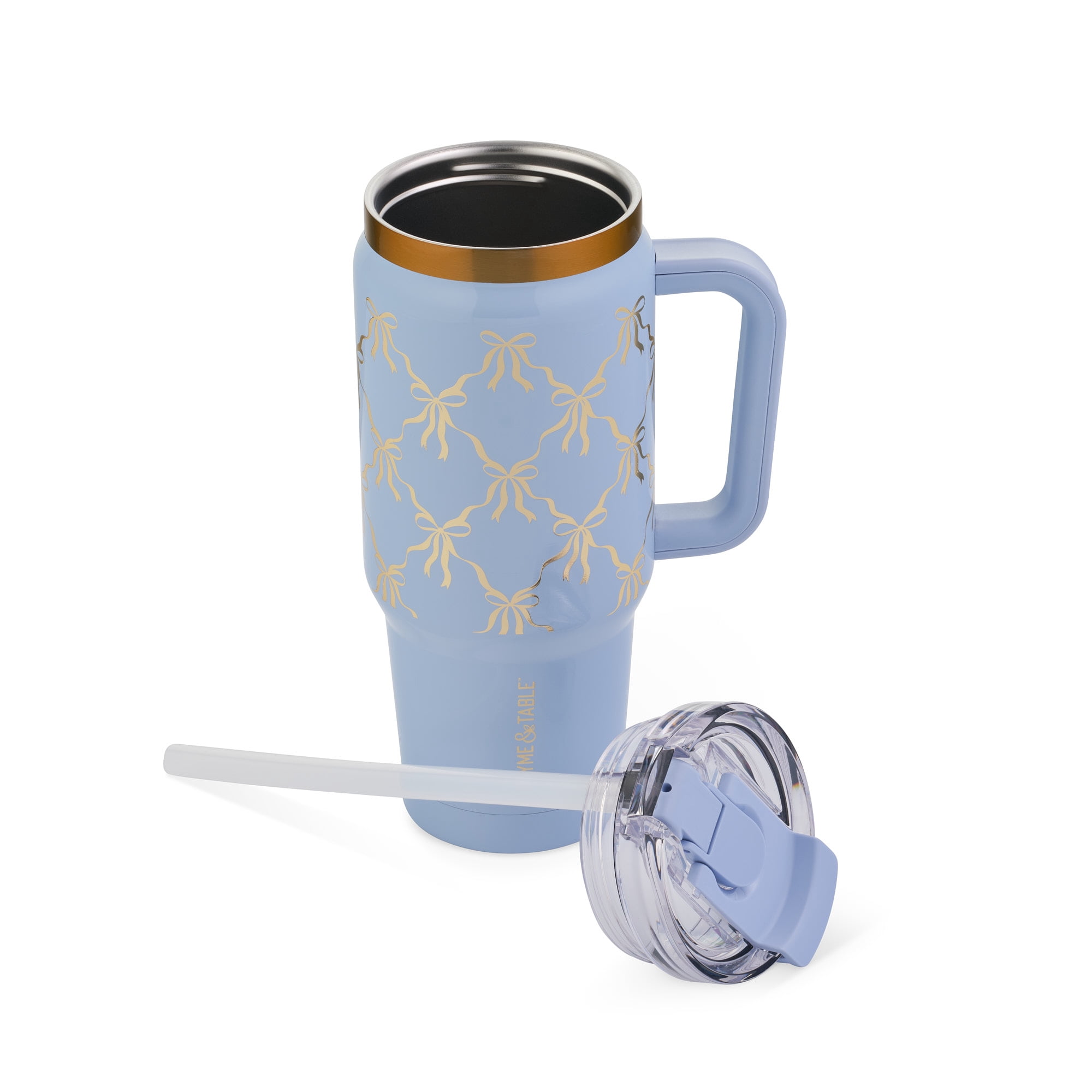 Thyme & Table 32oz Stainless Steel Luna Tumbler with Handle and Dual Straw Lid, Blue Bow