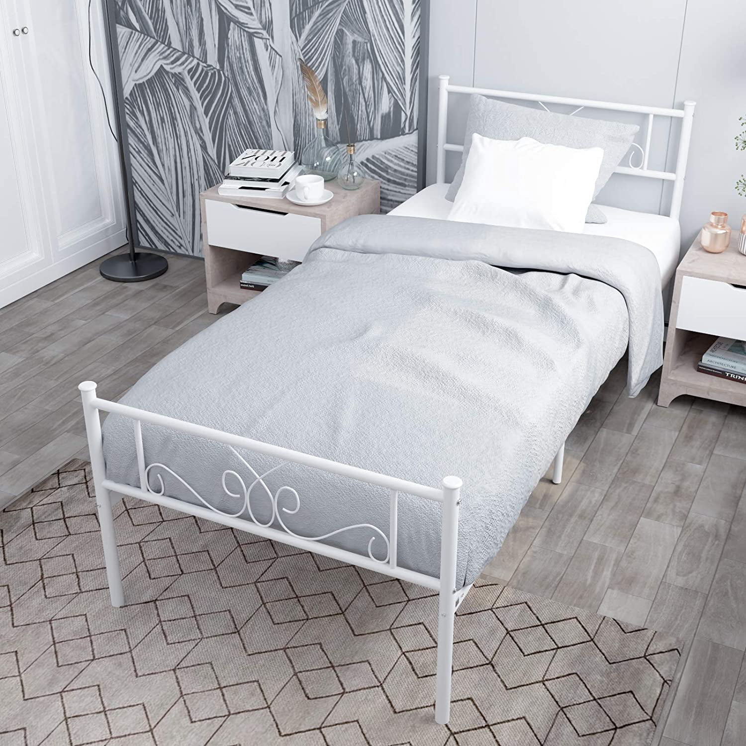 Yoneston Easy Set-Up Metal Bed Frame Platform No Box Spring with Headboard and Footboard, Twin, White