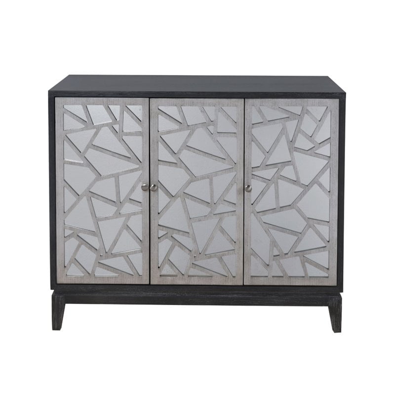 Home Fare Fractal Accent 3 Door Mirrored Console In Black And Fractal Accent 3 Door Mirrored Console