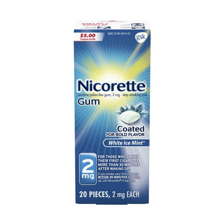 Nicorette Nicotine Gum, Stop Smoking Aid, 2 mg, White Ice Mint Flavor, 20 (Best Non Nicotine Chew)