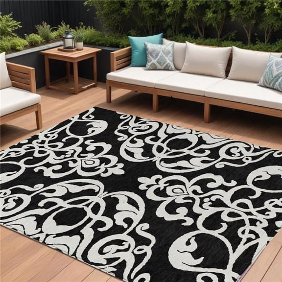 HomeRoots 614410 8 x 10 ft. Black & Ivory Damask Washable Indoor & Outdoor Rectangle Area Rug