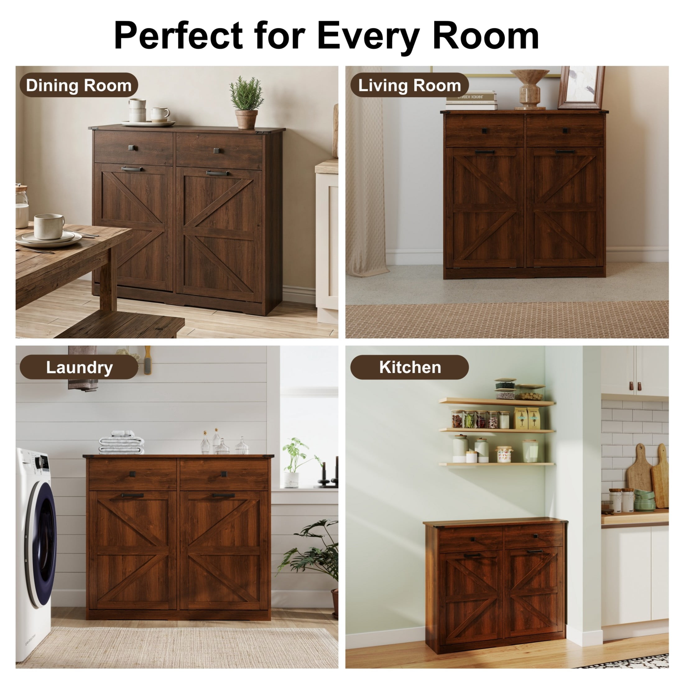 Noble House Farmhouse Double Tilt-Out Trash Cabinet with Drawers, Laundry Sorter Cabinet, Walnut