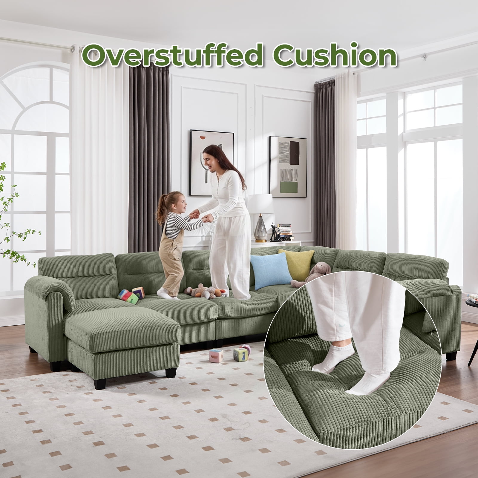 Bonzy Home Convertible Sectional Sofa Couch for Living Room With Ottoman Green