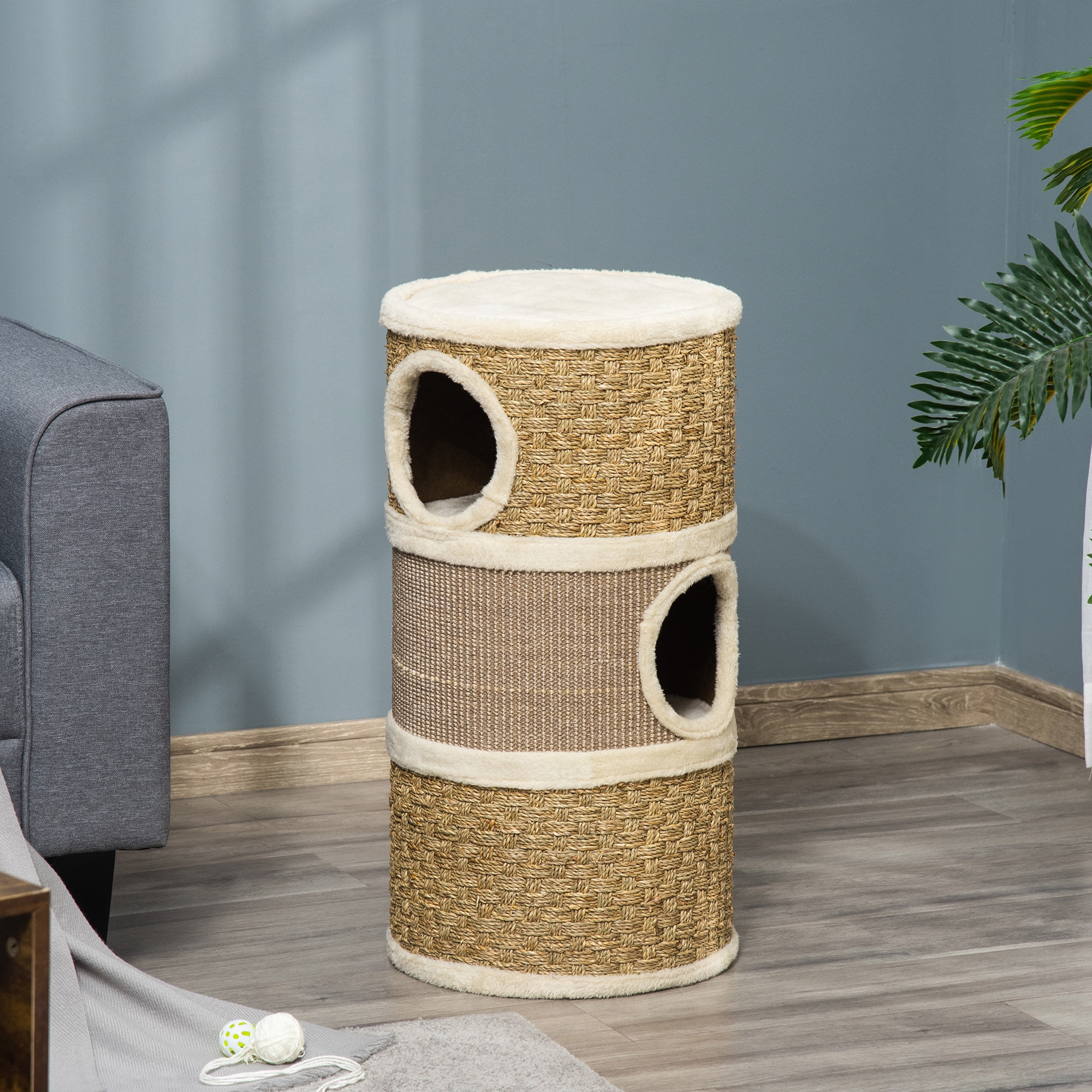 28 Inch 3-Story Cat Condo, Barrel Shaped Indoor Cat Tree with Sisal Scratching Pad, Soft Plush Lining Stable Particleboard Cat Hideaway for Small Cats, Khaki & Brown
