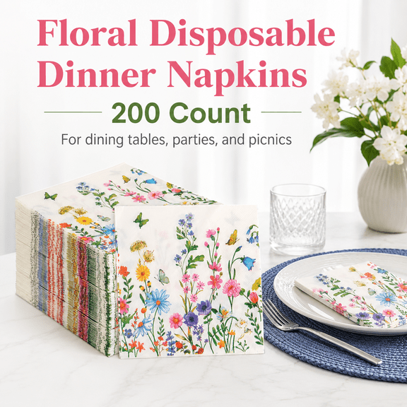MEYRKLOE 200 Count Wildflower Paper Napkins, 2-Ply Disposable Floral Luncheon Napkins for Wedding, Birthday and Bridal Shower, 6.5 x 6.5 in
