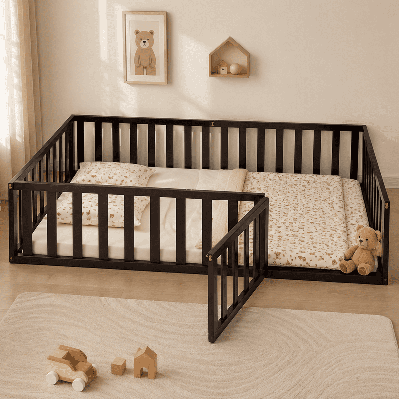 Twin Size Floor Bed Platform Bed with Fence and Door, Wood Montessori Bed Toddler Bed Playhouse Bed for Boys Girls, No Slats