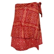 Mogul Vintage Indian Reversible Silk Sari Skirt 2 Layer Red Resort Wear Cover Up Mini Skirts