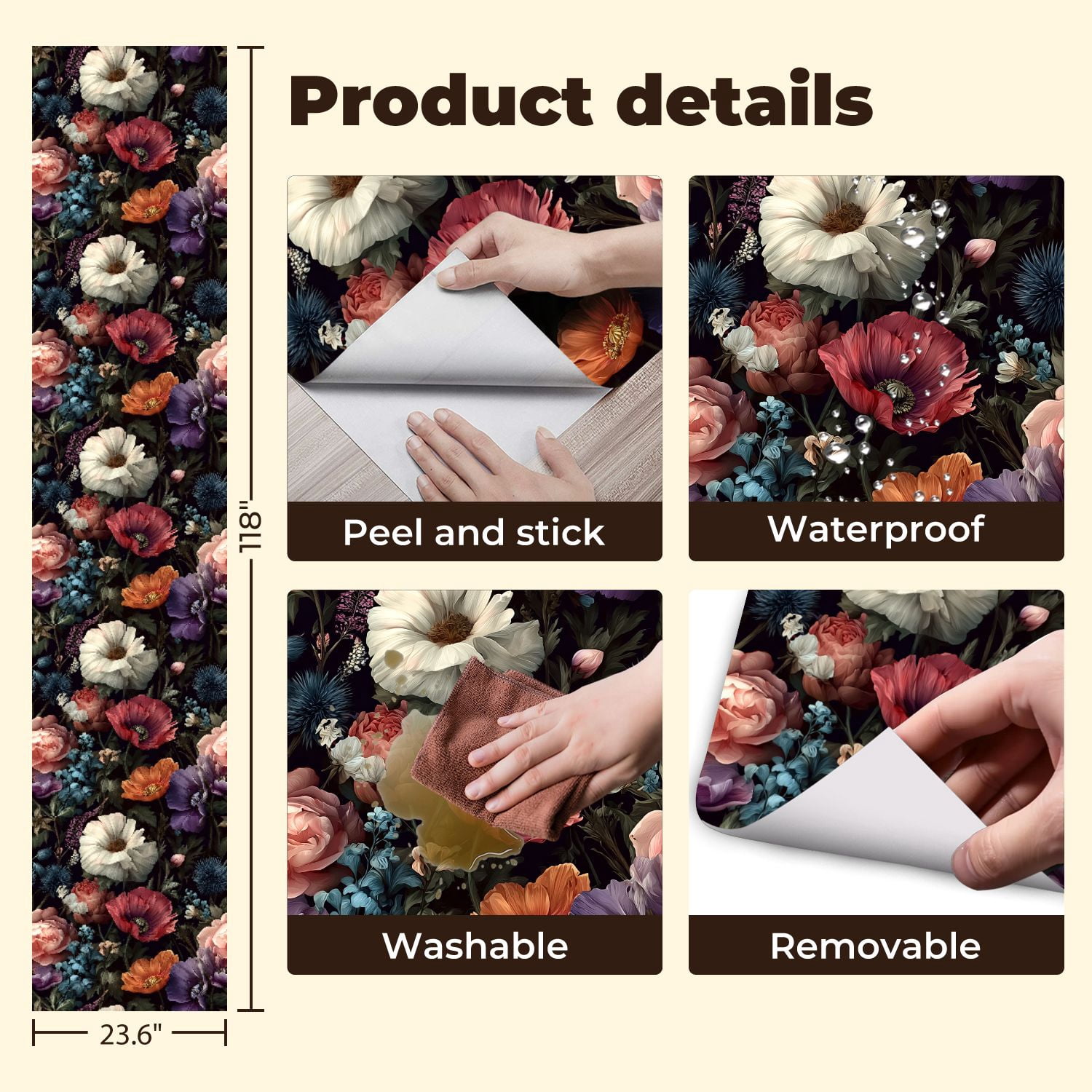 Peel and Stick Wallpaper Floral Botanical Colorful Roses Dark Wall Mural 23.6in x 9.8ft Self Adhesive Removable Wall Paper Renter Friendly Wallpaper for Bedroom