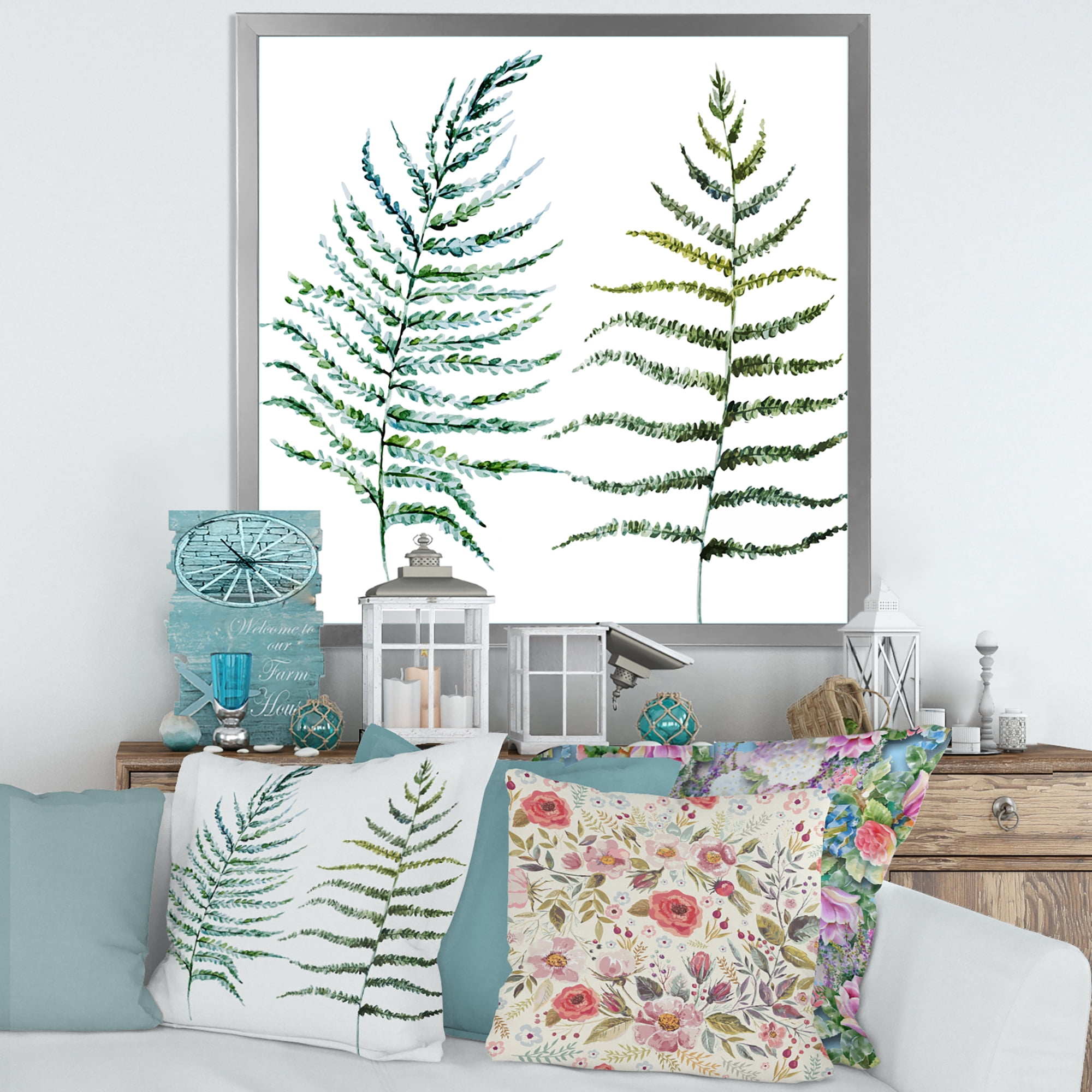 Designart 'Two Fern Leaves On White' Farmhouse Framed Art Print
